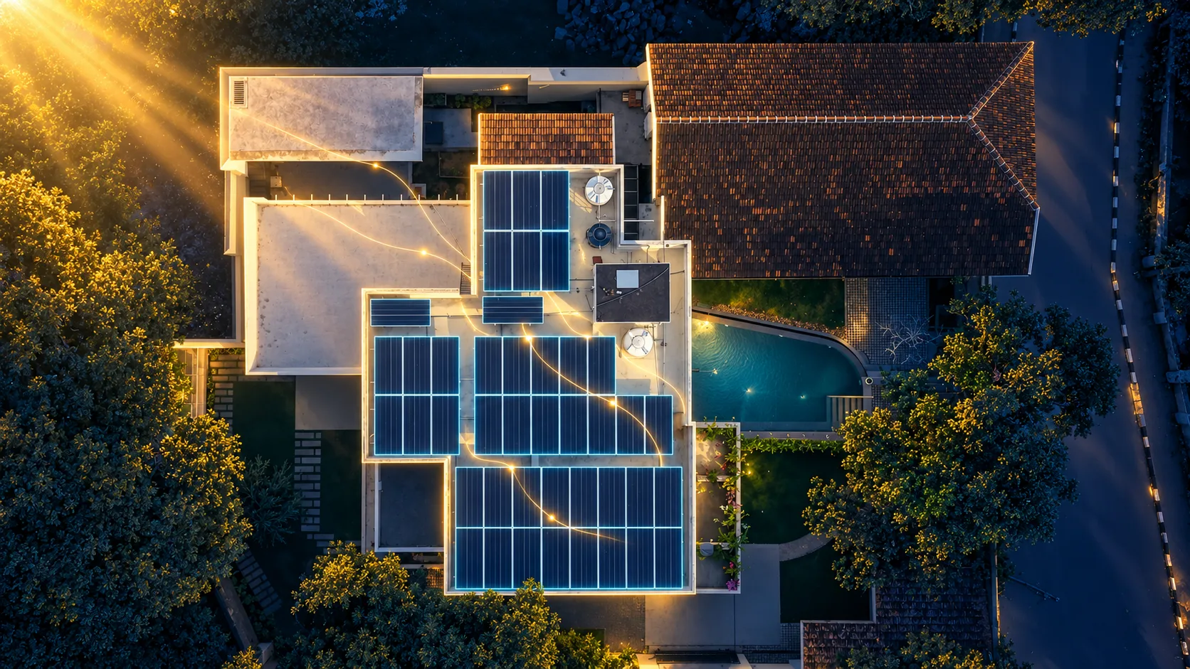 Illustrated energy paths over a RENQ solar rooftop
